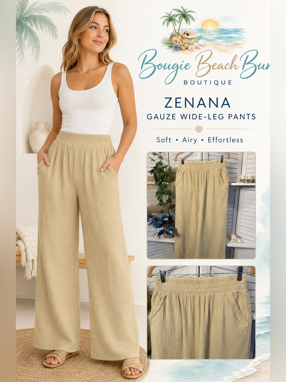 Zenana Outfitters Gauze Wide-Leg Pants - Beige